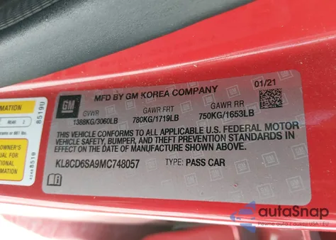 2021 Chevrolet Spark Fwd 1Lt Automatic из США, поврежденный, VIN KL8CD6SA9MC748057